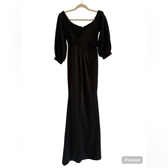 SYMPHONY Black Silvery Off The Shoulder Puff Sleeve Evening Gown Front Slit S - Picture 2 of 11